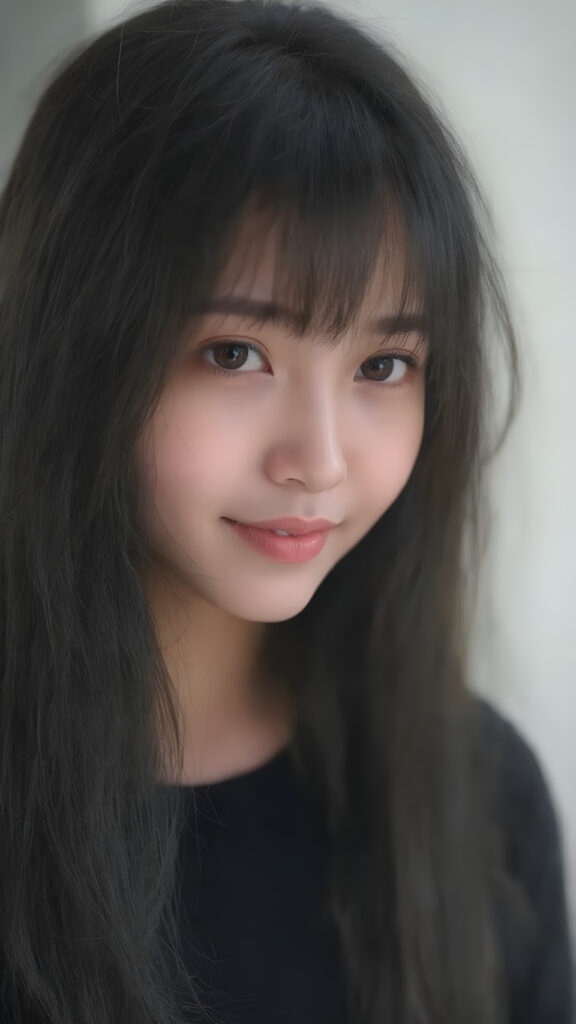 a beautifully snapshot, highlighting the intricate details of a (((straight, thick, and slightly wavy black hair, bangs cut))) paired with (((black eyes))), dressed in a (((black, cropped top))), accessorized with (((pale skin))). The Asian girl exudes an air of (((extreme youthful beauty))), with (((extremely long, flowing straight hair))), which cascades down in a (((swirling vortex))), accompanied by (((a whimsically playful smile))) that gives off a (((subtle yet inviting vibe))). The overall atmosphere is (((extremely advanced and hyper realistic))), with (((the girl's skin))), which has (((extensive, hyper realistic detail)))