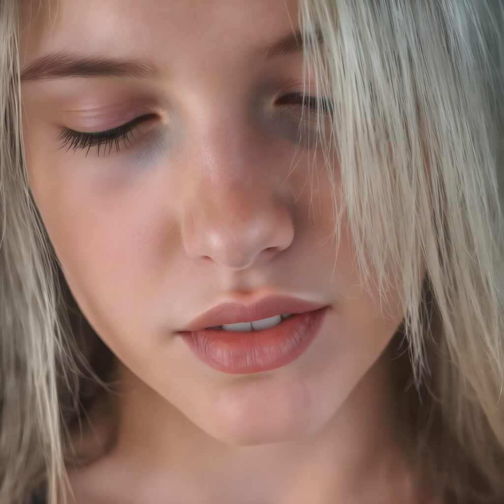 a beautifully super realistic and detailed close up photo, (((young cute teen girl))), with straight soft long white realistic hair, closed eyes, round face, which accentuates her perfect collarbones, and a seductive smile that captures the viewer’s attention. Her flawless silver skin is visible in full detail, as is her slightly parted lips and piercing gaze, which draws the viewer in for an intimate close-up. Her mouth is half open, white teeth, all against a black backdrop