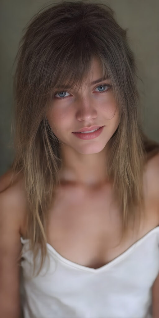 a beautifully super realistic photo from a (((dirty busty young teen girl))), with (((long straight brown messy hair))), (((silver skin))), and (((thin clothes))), wearing (((beige short pants))), short white tank top with deep v-neck, and (((dusty blue eyes))), perfect fit body, cute belly button, empty backdrop, warm smile