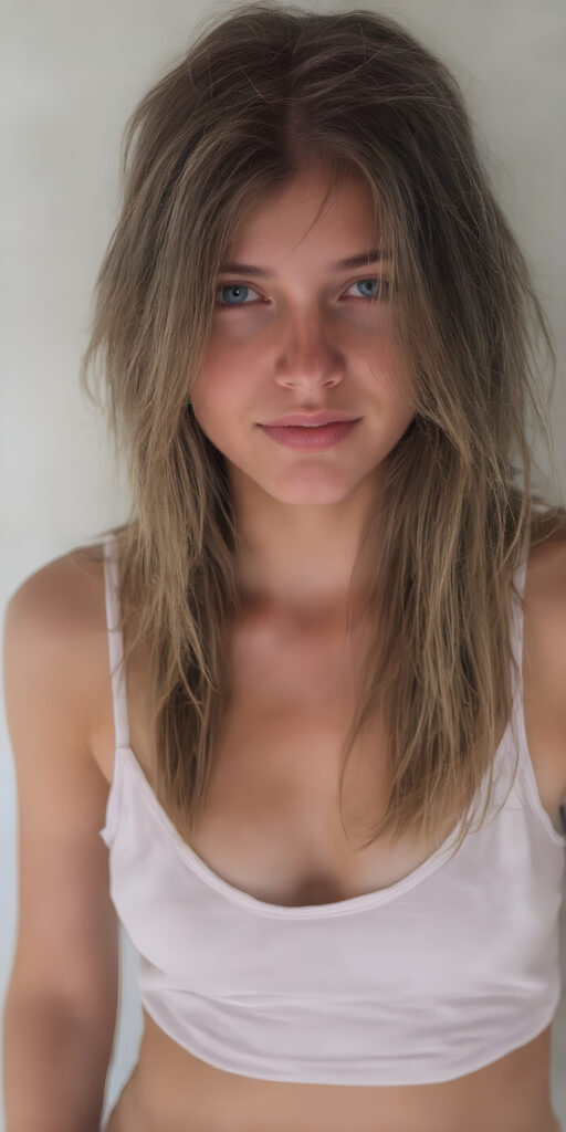a beautifully super realistic photo from a (((dirty busty young teen girl))), with (((long straight brown messy hair))), (((silver skin))), and (((thin clothes))), wearing (((beige short pants))), short white tank top with deep v-neck, and (((dusty blue eyes))), perfect fit body, cute belly button, empty backdrop, warm smile