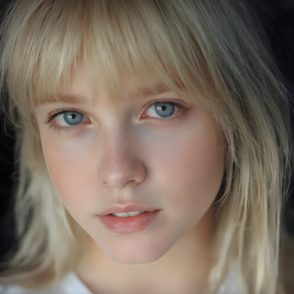a beautifully super realistic and detailed close up photo, (((young cute teen girl))), with straight soft long white realistic hair, deep blue eyes, round face, which accentuates her perfect collarbones, and a seductive smile that captures the viewer’s attention. Her flawless silver skin is visible in full detail, as is her slightly parted lips and piercing gaze, which draws the viewer in for an intimate close-up. Her mouth is slightly open, white teeth, she is wearing a white short t-shirt, all against a black backdrop