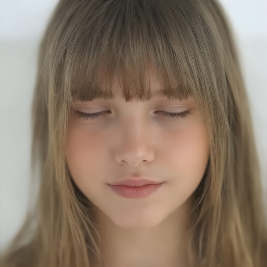 a beautifully super realistic and detailed close up photo, (((young cute teen girl))), with straight soft long brown realistic hair, closed eyes, round face, which accentuates her perfect collarbones, and a seductive smile that captures the viewer’s attention. Her flawless silver skin is visible in full detail, as is her slightly parted lips and piercing gaze, which draws the viewer in for an intimate close-up. Her mouth is closed, warm smile, all against a white backdrop