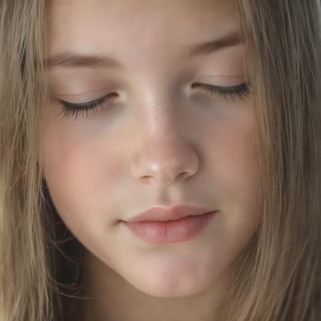 a beautifully super realistic and detailed close up photo, (((young cute teen girl))), with straight soft long brown realistic hair, closed eyes, round face, which accentuates her perfect collarbones, and a seductive smile that captures the viewer’s attention. Her flawless silver skin is visible in full detail, as is her slightly parted lips and piercing gaze, which draws the viewer in for an intimate close-up. Her mouth is closed, warm smile, all against a white backdrop