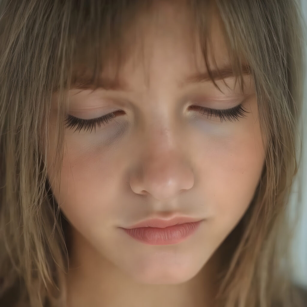 a beautifully super realistic and detailed close up photo, (((young cute teen girl))), with straight soft long brown realistic hair, closed eyes, round face, which accentuates her perfect collarbones, and a seductive smile that captures the viewer’s attention. Her flawless silver skin is visible in full detail, as is her slightly parted lips and piercing gaze, which draws the viewer in for an intimate close-up. Her mouth is closed, warm smile, all against a white backdrop