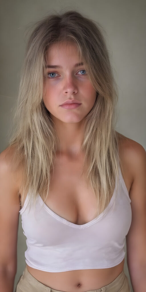 a beautifully super realistic photo from a (((dirty busty teen girl))), with (((long straight blond messy hair))), (((silver skin))), and (((thin clothes))), wearing (((beige short pants))), short white tank top with deep v-neck, and (((dusty blue eyes))), perfect fit body, cute belly button, empty backdrop
