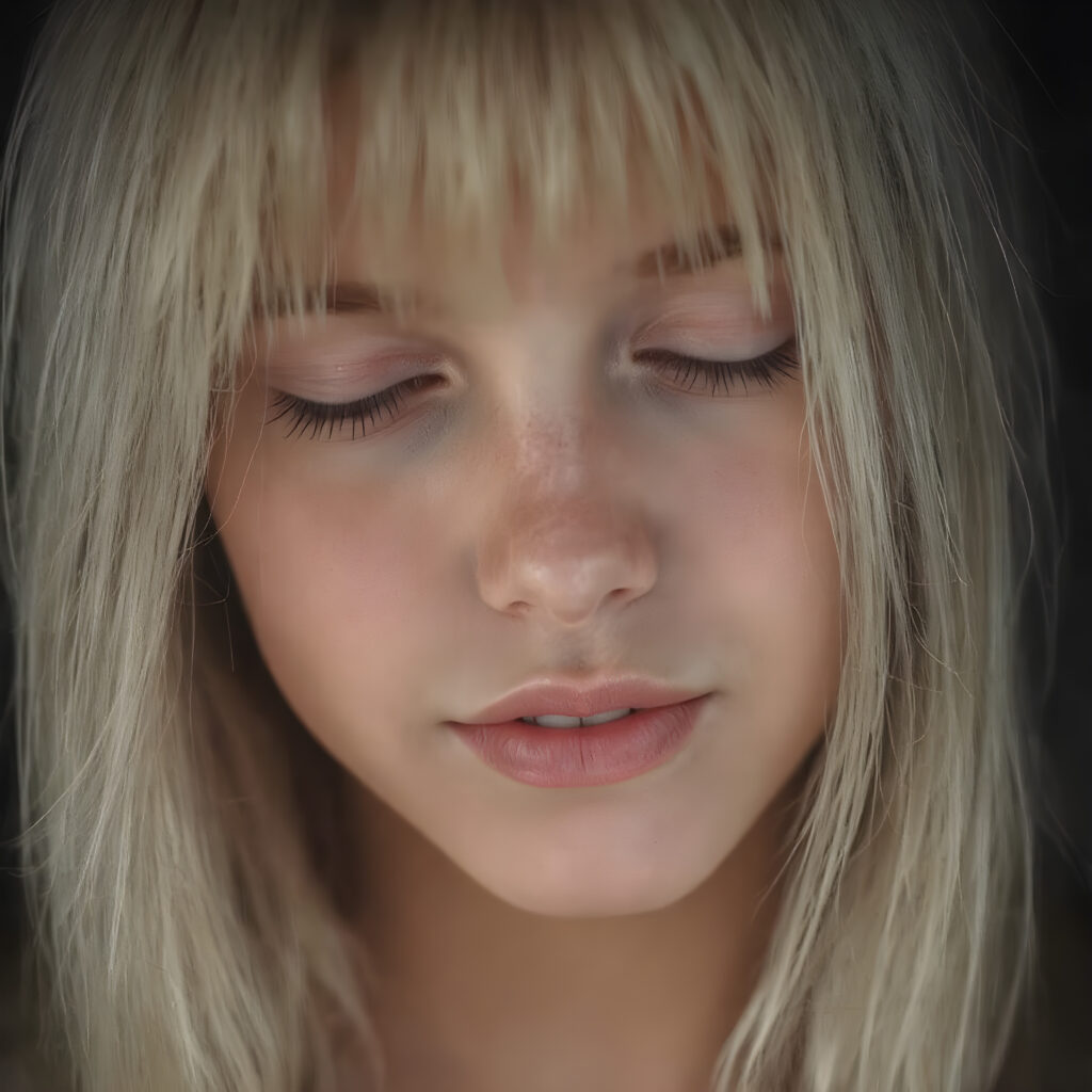 a beautifully super realistic and detailed close up photo, (((young cute teen girl))), with straight soft long white realistic hair, closed eyes, round face, which accentuates her perfect collarbones, and a seductive smile that captures the viewer’s attention. Her flawless silver skin is visible in full detail, as is her slightly parted lips and piercing gaze, which draws the viewer in for an intimate close-up. Her mouth is half open, white teeth, all against a black backdrop