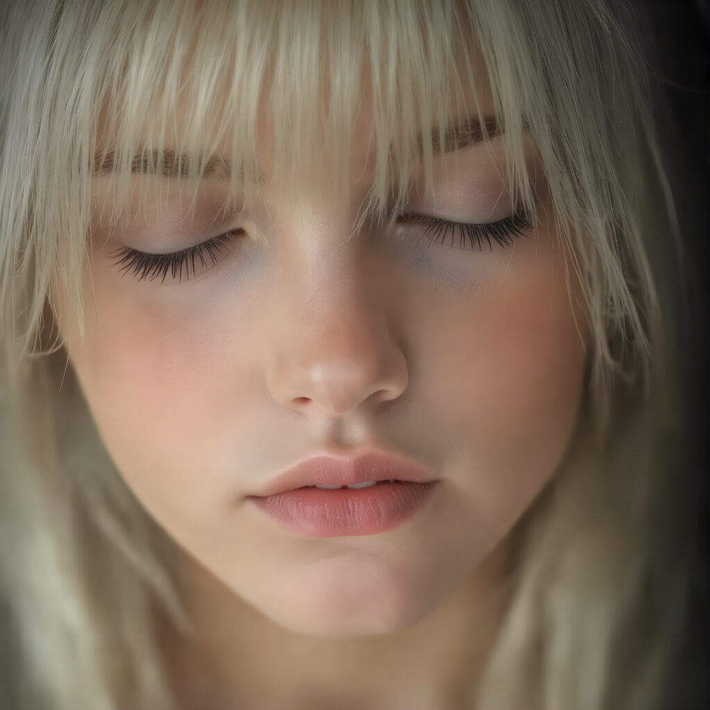 a beautifully super realistic and detailed close up photo, (((young cute teen girl))), with straight soft long white realistic hair, closed eyes, round face, which accentuates her perfect collarbones, and a seductive smile that captures the viewer’s attention. Her flawless silver skin is visible in full detail, as is her slightly parted lips and piercing gaze, which draws the viewer in for an intimate close-up. Her mouth is half open, white teeth, all against a black backdrop