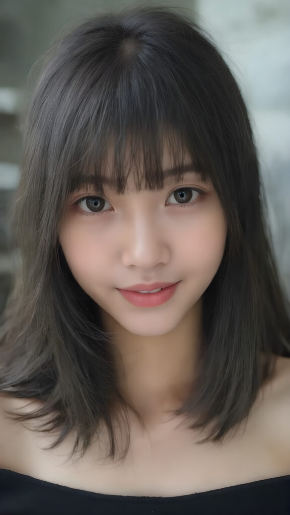 a beautifully snapshot, highlighting the intricate details of a (((straight, thick, and slightly wavy black hair, bangs cut))) paired with (((black eyes))), dressed in a (((black, cropped top))), accessorized with (((pale skin))). The Asian girl exudes an air of (((extreme youthful beauty))), with (((extremely long, flowing straight hair))), which cascades down in a (((swirling vortex))), accompanied by (((a whimsically playful smile))) that gives off a (((subtle yet inviting vibe))). The overall atmosphere is (((extremely advanced and hyper realistic))), with (((the girl's skin))), which has (((extensive, hyper realistic detail)))
