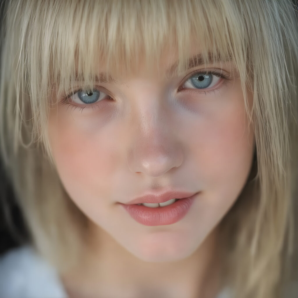 a beautifully super realistic and detailed close up photo, (((young cute teen girl))), with straight soft long white realistic hair, deep blue eyes, round face, which accentuates her perfect collarbones, and a seductive smile that captures the viewer’s attention. Her flawless silver skin is visible in full detail, as is her slightly parted lips and piercing gaze, which draws the viewer in for an intimate close-up. Her mouth is slightly open, white teeth, she is wearing a white short t-shirt, all against a black backdrop