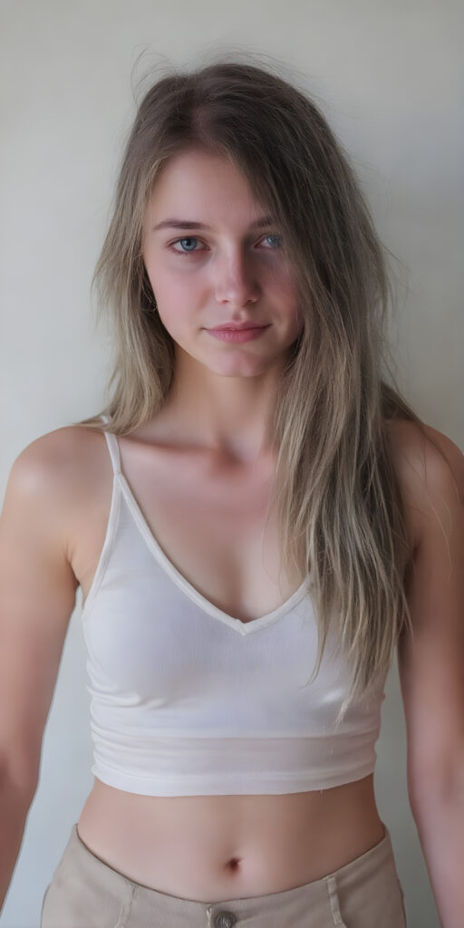 a beautifully super realistic photo from a (((dirty busty young teen girl))), with (((long straight brown messy hair))), (((silver skin))), and (((thin clothes))), wearing (((beige short pants))), short white tank top with deep v-neck, and (((dusty blue eyes))), perfect fit body, cute belly button, empty backdrop, warm smile