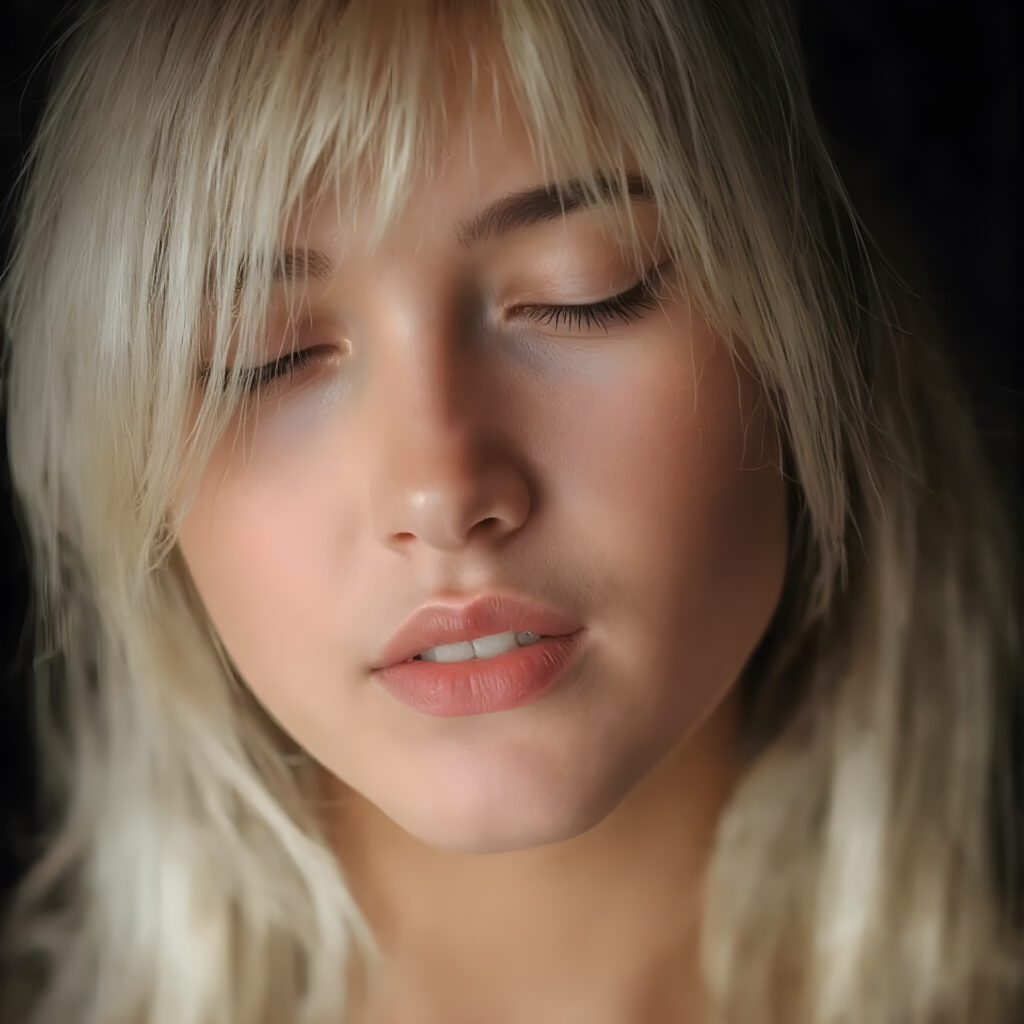 a beautifully super realistic and detailed close up photo, (((young cute teen girl))), with straight soft long white realistic hair, closed eyes, round face, which accentuates her perfect collarbones, and a seductive smile that captures the viewer’s attention. Her flawless silver skin is visible in full detail, as is her slightly parted lips and piercing gaze, which draws the viewer in for an intimate close-up. Her mouth is half open, white teeth, all against a black backdrop