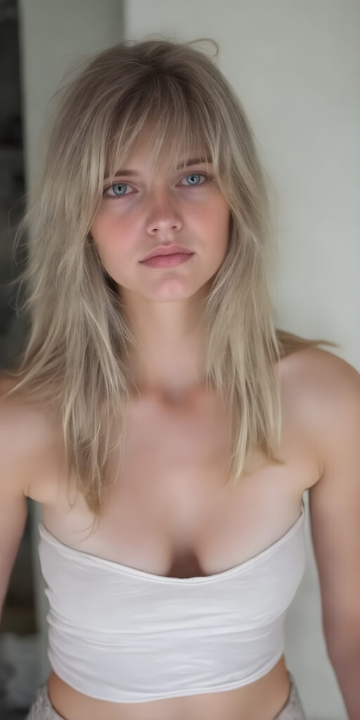 a beautifully super realistic photo from a (((dirty busty teen girl))), with (((long straight blond messy hair))), (((silver skin))), and (((thin clothes))), wearing (((beige short pants))), short white tank top with deep v-neck, and (((dusty blue eyes))), perfect fit body, cute belly button, empty backdrop
