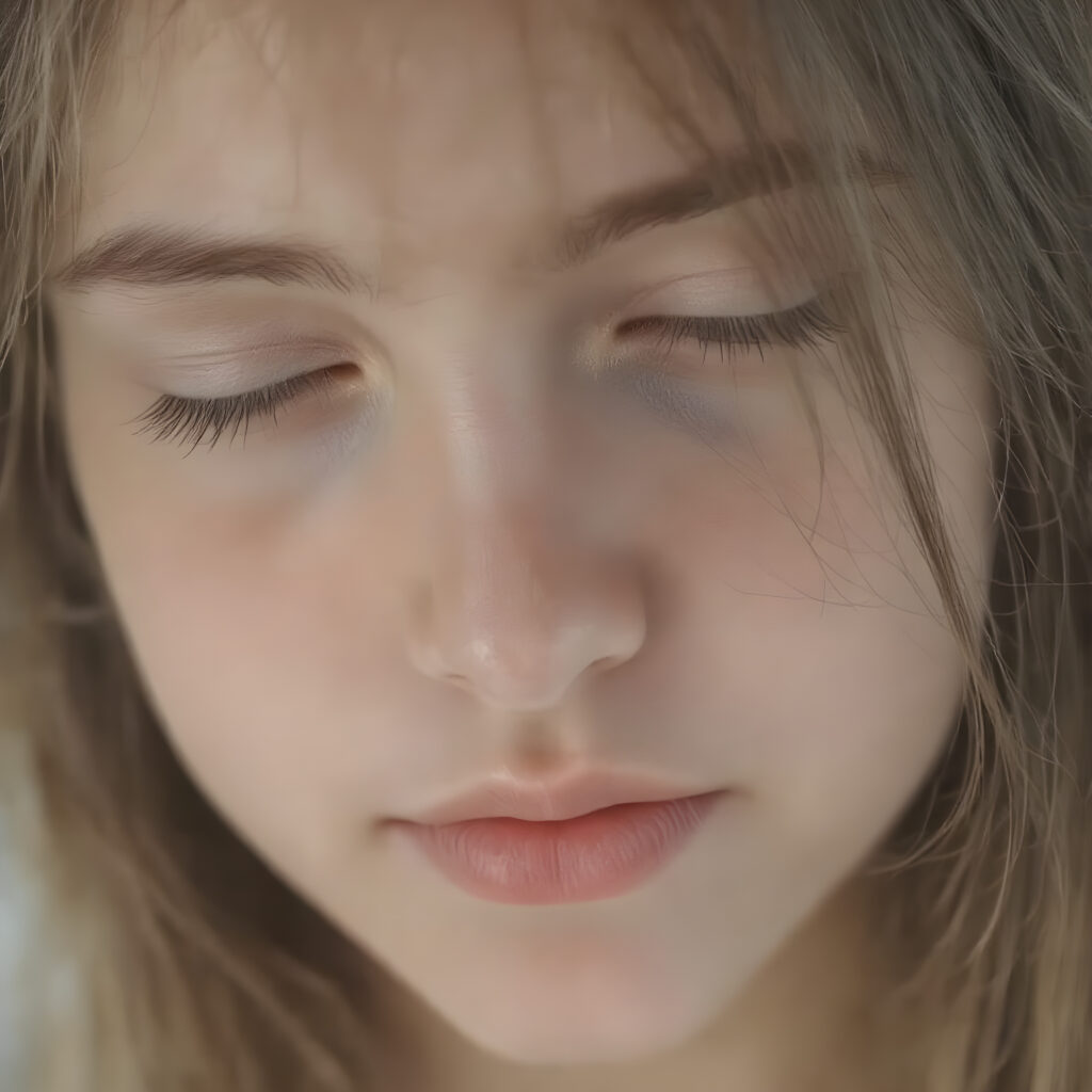 a beautifully super realistic and detailed close up photo, (((young cute teen girl))), with straight soft long brown realistic hair, closed eyes, round face, which accentuates her perfect collarbones, and a seductive smile that captures the viewer’s attention. Her flawless silver skin is visible in full detail, as is her slightly parted lips and piercing gaze, which draws the viewer in for an intimate close-up. Her mouth is closed, warm smile, all against a white backdrop