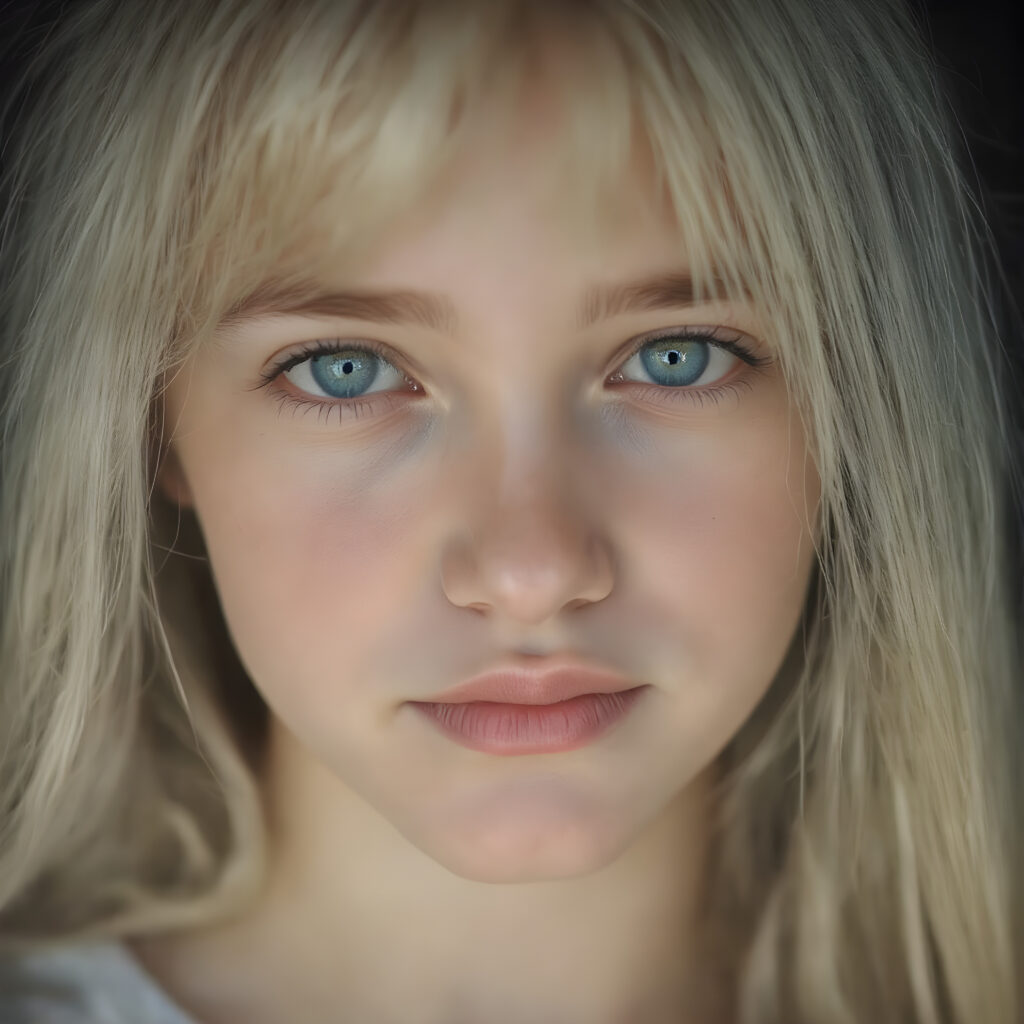 a beautifully super realistic and detailed close up photo, (((young cute teen girl))), with straight soft long white realistic hair, deep blue eyes, round face, which accentuates her perfect collarbones, and a seductive smile that captures the viewer’s attention. Her flawless silver skin is visible in full detail, as is her slightly parted lips and piercing gaze, which draws the viewer in for an intimate close-up. Her mouth is slightly open, white teeth, she is wearing a white short t-shirt, all against a black backdrop