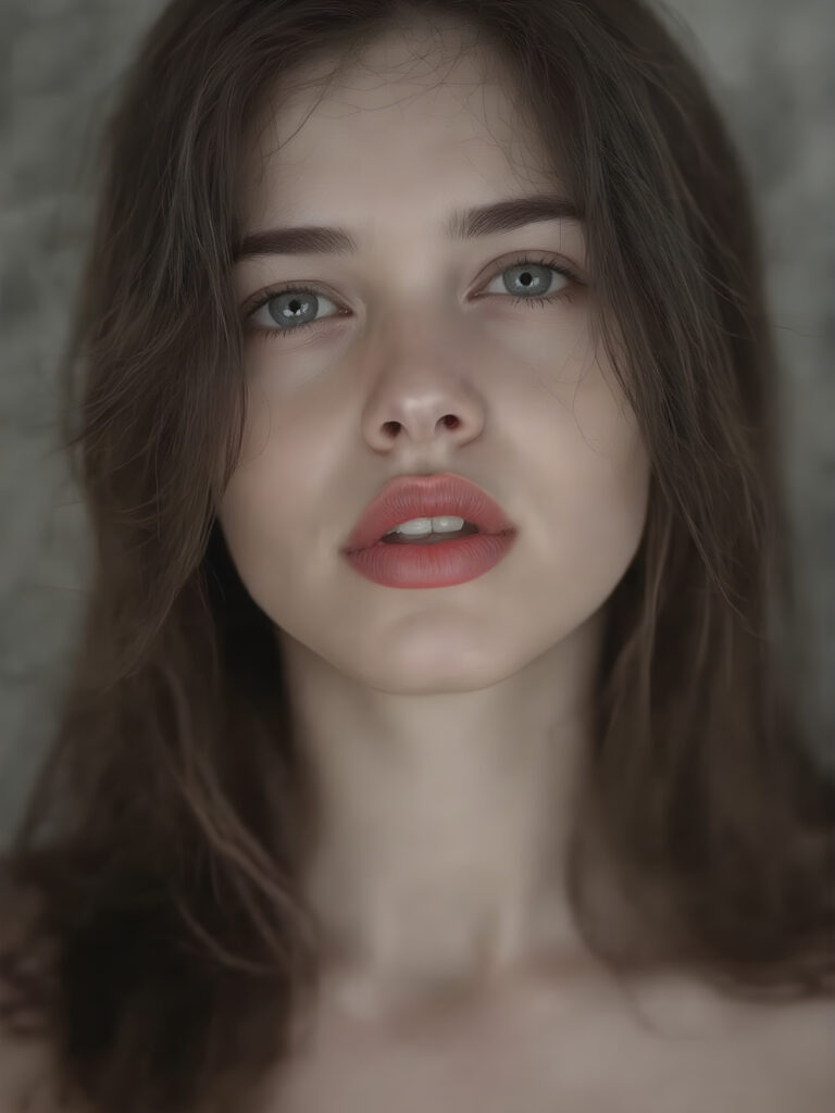 a (((black and white photograph))), vividly contrasted by splashes of (((red lip color))), representing a (((full-body capture))) of a (((beautiful young brunette girl))) with an (((ultra realistic, intricate details))) that defy the laws of physics, with a (((dynamic advanced lighting system))) that brings out the extreme details, composited against a (((natural, grainy backdrop))), emulating a hyper-realistic, advanced photography