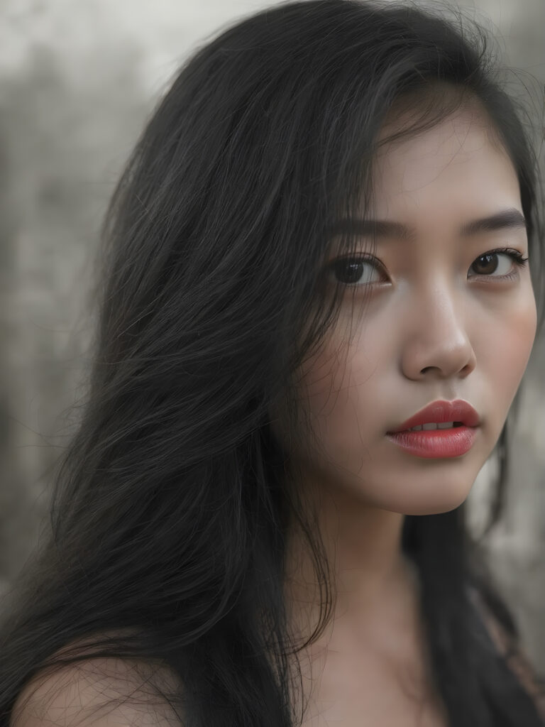 a (((black and white photograph))), vividly contrasted by splashes of (((red lip color))), representing a (((full-body capture))) of a (((beautiful Asian girl, long black hair))) with an (((ultra realistic, intricate details))) that defy the laws of physics, with a (((dynamic advanced lighting system))) that brings out the extreme details, composited against a (((natural, grainy backdrop))), emulating a hyper-realistic, advanced photography