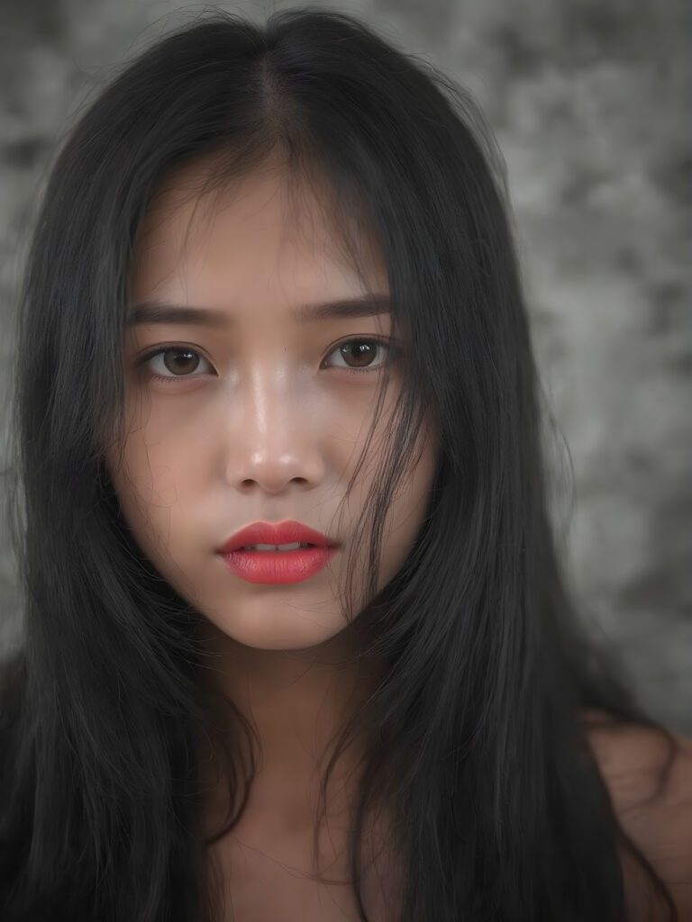 a (((black and white photograph))), vividly contrasted by splashes of (((red lip color))), representing a (((full-body capture))) of a (((beautiful Asian girl, long black hair))) with an (((ultra realistic, intricate details))) that defy the laws of physics, with a (((dynamic advanced lighting system))) that brings out the extreme details, composited against a (((natural, grainy backdrop))), emulating a hyper-realistic, advanced photography