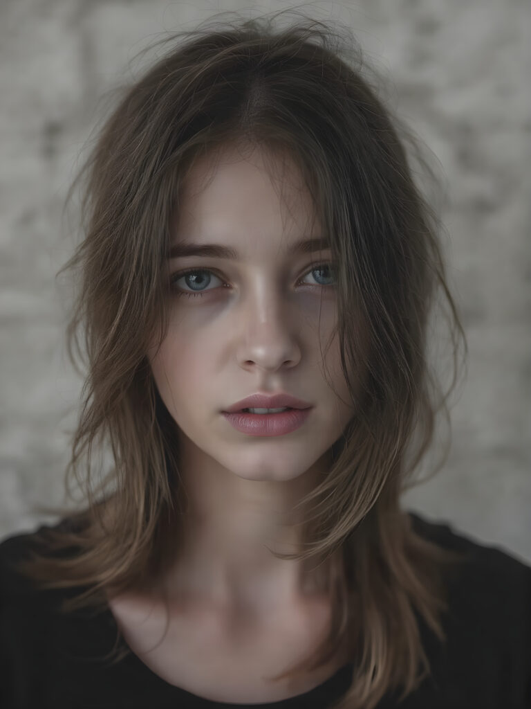 a (((black and white photograph))), vividly contrasted by splashes of (((red lip color))), representing a (((full-body capture))) of a (((beautiful young brunette girl))) with an (((ultra realistic, intricate details))) that defy the laws of physics, with a (((dynamic advanced lighting system))) that brings out the extreme details, composited against a (((natural, grainy backdrop))), emulating a hyper-realistic, advanced photography