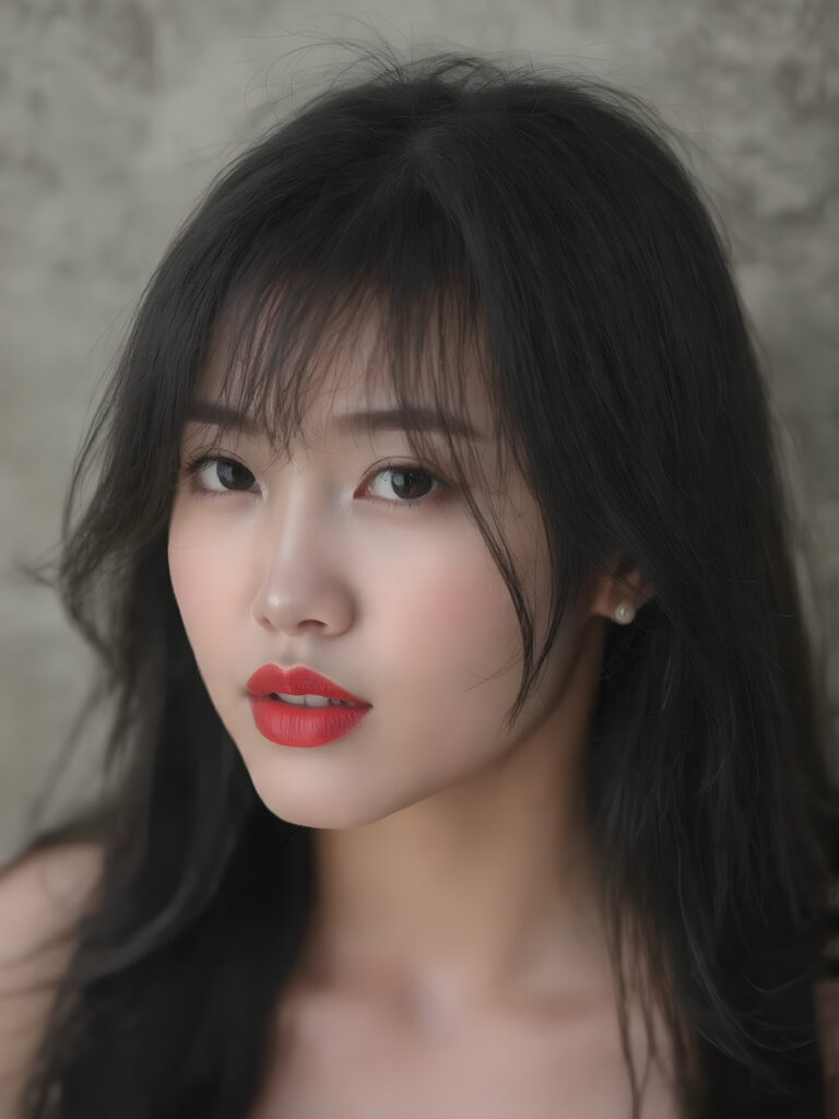 a (((black and white photograph))), vividly contrasted by splashes of (((red lip color))), representing a (((full-body capture))) of a (((beautiful Asian girl, long black hair))) with an (((ultra realistic, intricate details))) that defy the laws of physics, with a (((dynamic advanced lighting system))) that brings out the extreme details, composited against a (((natural, grainy backdrop))), emulating a hyper-realistic, advanced photography