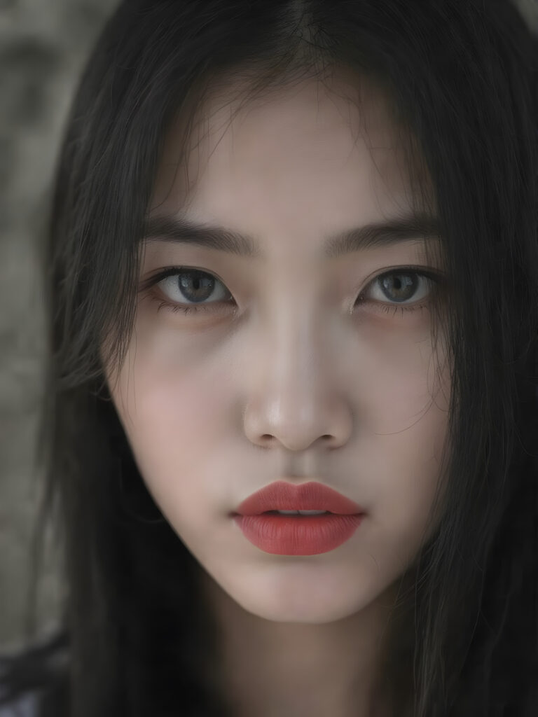 a (((black and white photograph))), vividly contrasted by splashes of (((red lip color))), representing a (((full-body capture))) of a (((beautiful Asian girl, long black hair))) with an (((ultra realistic, intricate details))) that defy the laws of physics, with a (((dynamic advanced lighting system))) that brings out the extreme details, composited against a (((natural, grainy backdrop))), emulating a hyper-realistic, advanced photography