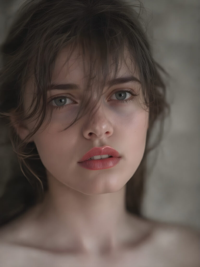 a (((black and white photograph))), vividly contrasted by splashes of (((red lip color))), representing a (((full-body capture))) of a (((beautiful young brunette girl))) with an (((ultra realistic, intricate details))) that defy the laws of physics, with a (((dynamic advanced lighting system))) that brings out the extreme details, composited against a (((natural, grainy backdrop))), emulating a hyper-realistic, advanced photography