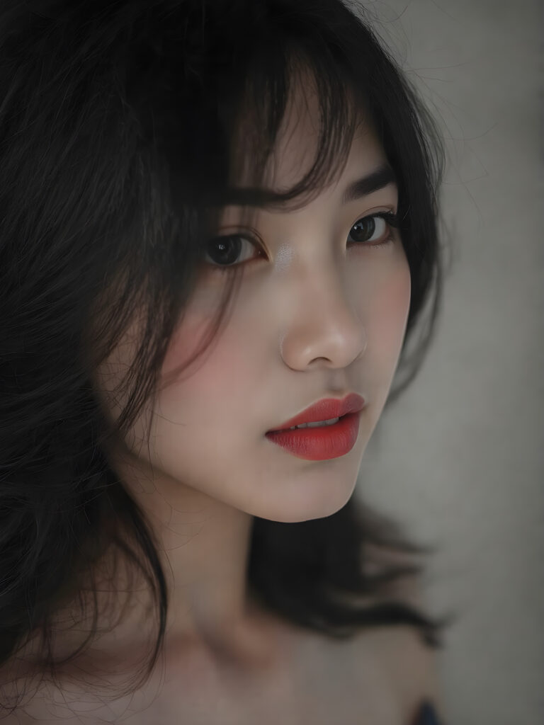 a (((black and white photograph))), vividly contrasted by splashes of (((red lip color))), representing a (((full-body capture))) of a (((beautiful Asian girl, long black hair))) with an (((ultra realistic, intricate details))) that defy the laws of physics, with a (((dynamic advanced lighting system))) that brings out the extreme details, composited against a (((natural, grainy backdrop))), emulating a hyper-realistic, advanced photography