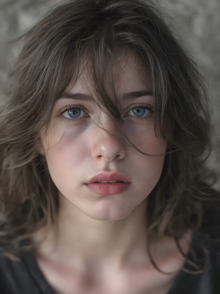 a (((black and white photograph))), vividly contrasted by splashes of (((red lip color))), representing a (((full-body capture))) of a (((beautiful young brunette girl))) with an (((ultra realistic, intricate details))) that defy the laws of physics, with a (((dynamic advanced lighting system))) that brings out the extreme details, composited against a (((natural, grainy backdrop))), emulating a hyper-realistic, advanced photography