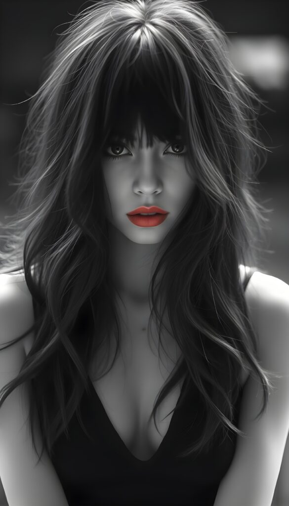 ((a black and white photo)) from a beautiful, pretty young girl; her full, silky black slightly wavy hair falls down like a waterfall and covers her upper body; dark eyes, only her full red lips are colored; the photo is very detailed. View from the front. She wears a black cropped spaghetti tank top, deep neck.