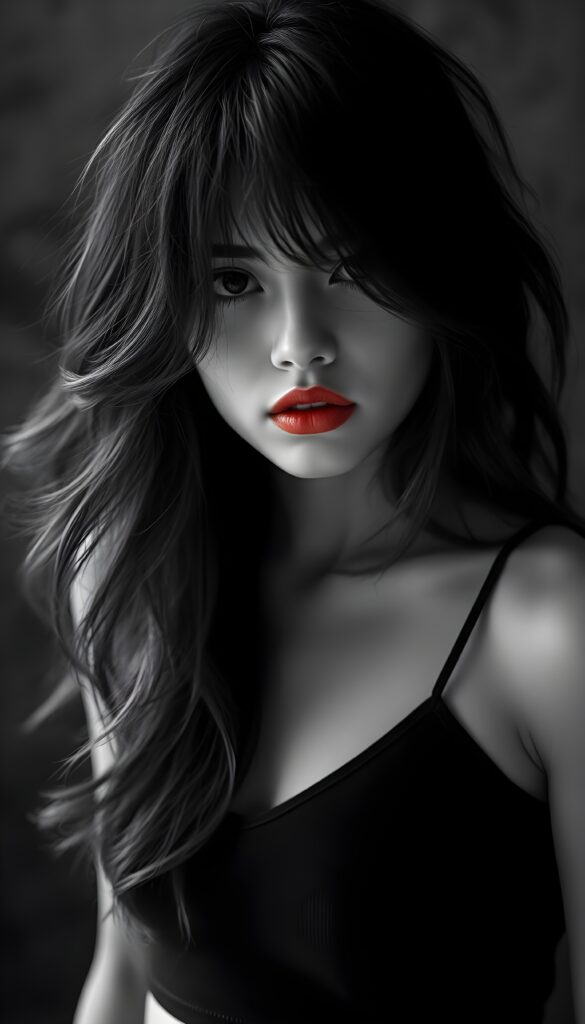 ((a black and white photo)) from a beautiful, pretty young girl; her full, silky black slightly wavy hair falls down like a waterfall and covers her upper body; dark eyes, only her full red lips are colored; the photo is very detailed. View from the front. She wears a black cropped spaghetti tank top, deep neck.