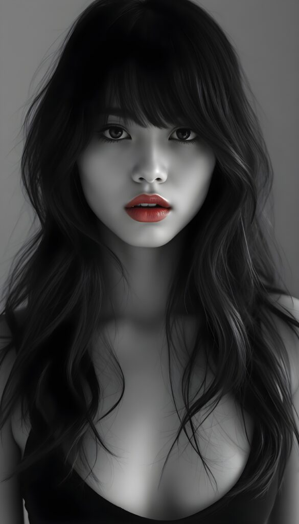 ((a black and white photo)) from a beautiful, pretty young girl; her full, silky black slightly wavy hair falls down like a waterfall and covers her upper body; dark eyes, only her full red lips are colored; the photo is very detailed. View from the front. She wears a black cropped spaghetti tank top, deep neck.