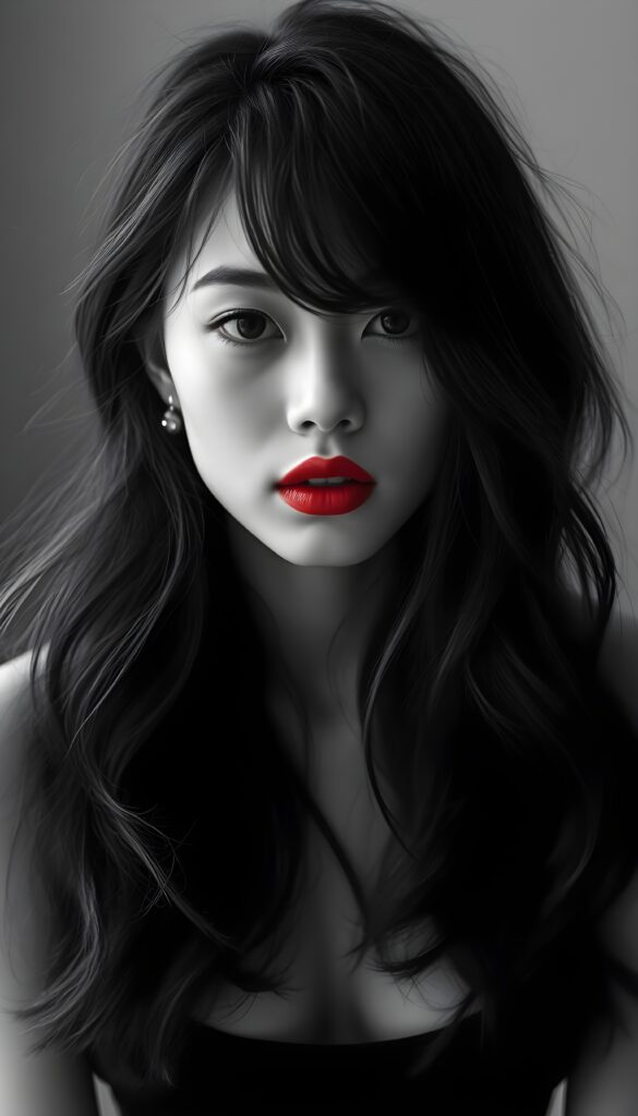((a black and white photo)) from a beautiful, pretty young girl; her full, silky black slightly wavy hair falls down like a waterfall and covers her upper body; dark eyes, only her full red lips are colored; the photo is very detailed. View from the front. She wears a black cropped spaghetti tank top, deep neck.