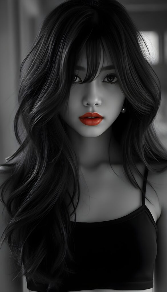 ((a black and white photo)) from a beautiful, pretty young girl; her full, silky black slightly wavy hair falls down like a waterfall and covers her upper body; dark eyes, only her full red lips are colored; the photo is very detailed. View from the front. She wears a black cropped spaghetti tank top, deep neck.