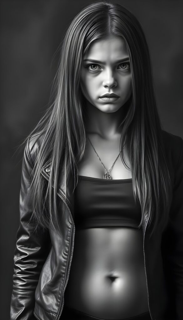 a black and white realistic hand drawing from a young girl, long straight hair, full lips, dark round eyes, She is wearing an open leather jacket with a short, tight tank top underneath, round belly button, she looks very angry