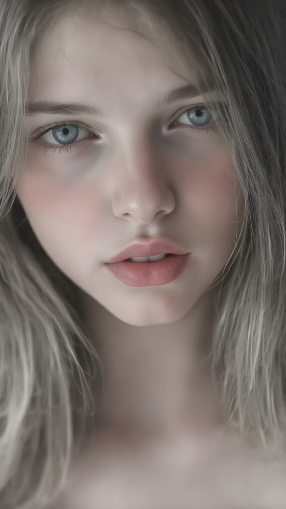 a black and white with detailed grayscales (fine charcoal drawing ((a centered portrait, full head, from a gentle young girl with flawless skin, long soft hair falls over her upper body, shiny beautiful blue eyes, small nose, (full plump red lips, only her lips are in colors), mouth slightly open with shining white teeth, round face, she looks seductively at the viewer, faint light falls on her face, perfect shadows, she has a perfectly shaped upper body)))