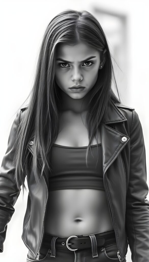 a black and white realistic hand drawing from a young girl, long straight hair, full lips, dark round eyes, She is wearing an open leather jacket with a short, tight tank top underneath, round belly button, she looks very angry