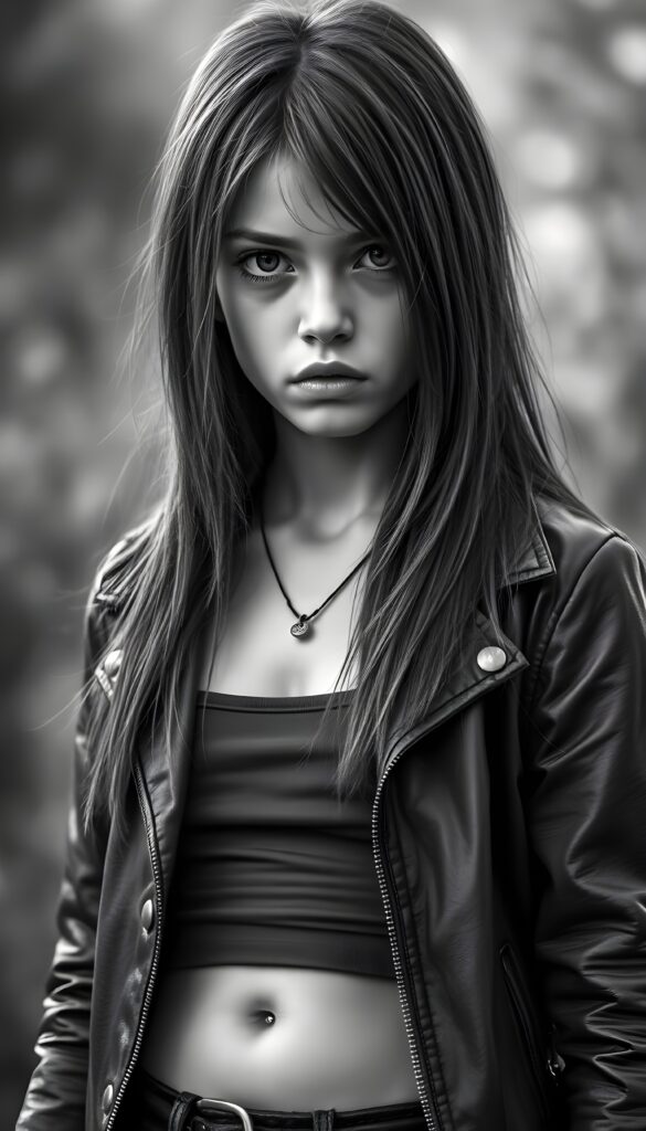 a black and white realistic hand drawing from a young girl, long straight hair, full lips, dark round eyes, She is wearing an open leather jacket with a short, tight tank top underneath, round belly button, she looks very angry