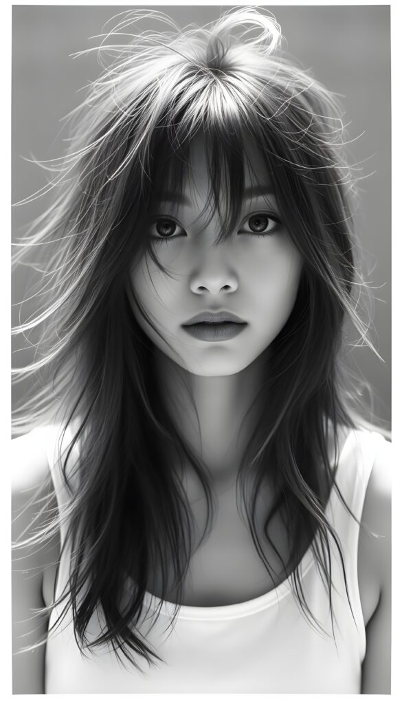 a black and white photo from a cute, young stunning Japanese girl with long open messy soft hair, strains of hair in her face, she wears a plain smooth tank top in white.
