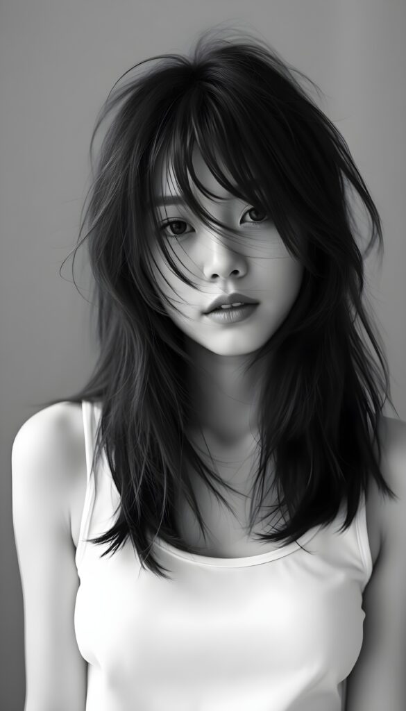 a black and white photo from a cute, young stunning Japanese girl with long open messy soft hair, strains of hair in her face, she wears a plain smooth tank top in white.