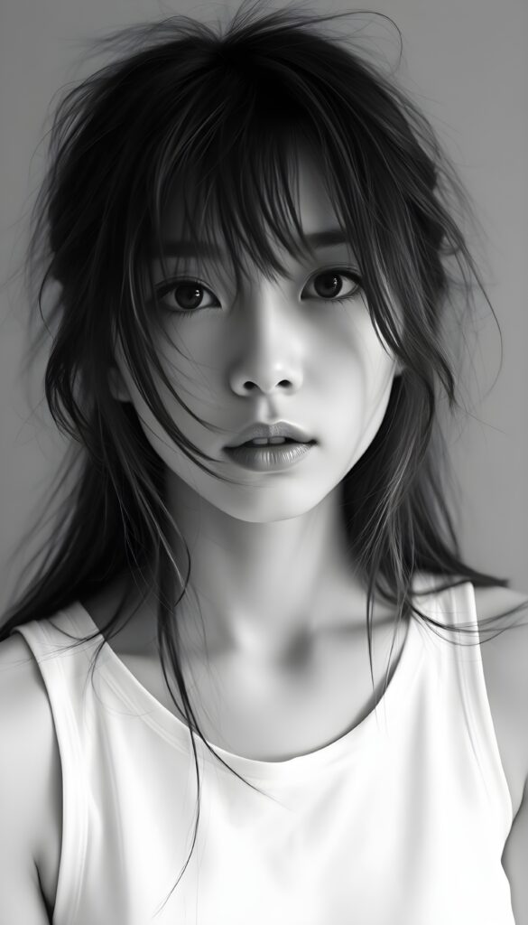 a black and white photo from a cute, young stunning Japanese girl with long open messy soft hair, strains of hair in her face, she wears a plain smooth tank top in white.