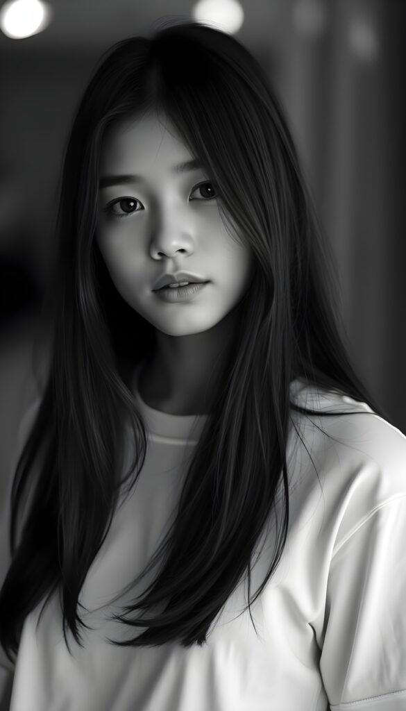 a black and white photo from a cute, young stunning girl with long straight open soft hair, she wears a plain smooth t-shirt in white.