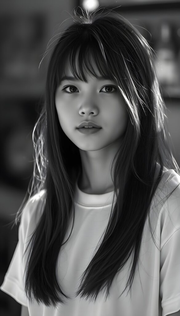 a black and white photo from a cute, young stunning girl with long straight open soft hair, she wears a plain smooth t-shirt in white.