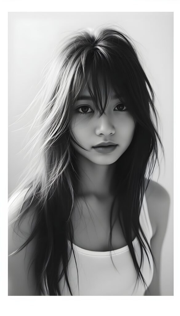 a black and white photo from a cute, young stunning Japanese girl with long open messy soft hair, strains of hair in her face, she wears a plain smooth tank top in white.
