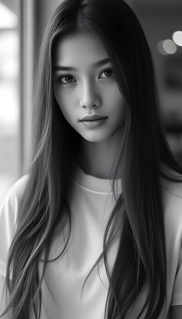a black and white photo from a cute, young stunning girl with long straight open soft hair, she wears a plain smooth t-shirt in white.