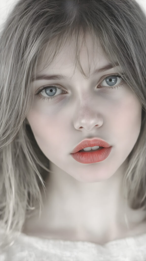 a black and white with detailed grayscales (fine charcoal drawing ((a centered portrait, full head, from a gentle young girl with flawless skin, long soft hair falls over her upper body, shiny beautiful blue eyes, small nose, (full plump red lips, only her lips are in colors), mouth slightly open with shining white teeth, round face, she looks seductively at the viewer, faint light falls on her face, perfect shadows, she has a perfectly shaped upper body)))