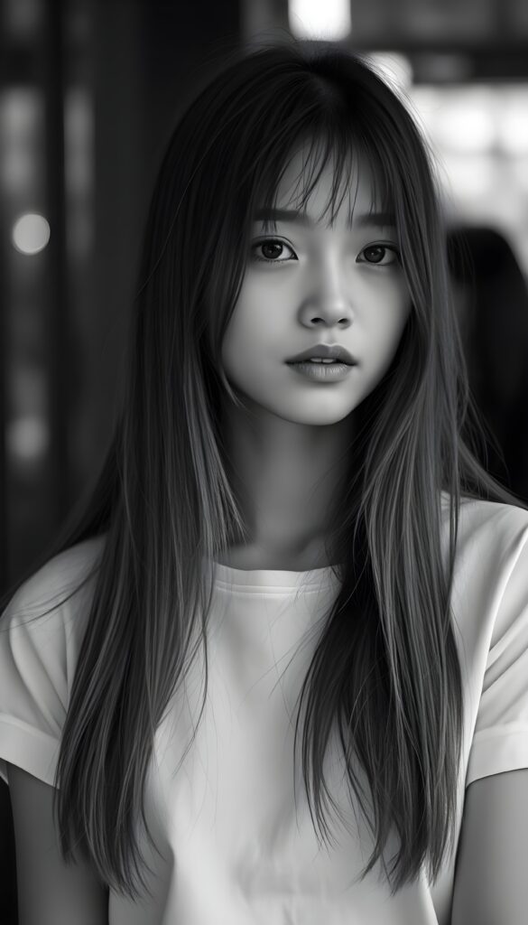a black and white photo from a cute, young stunning girl with long straight open soft hair, she wears a plain smooth t-shirt in white.