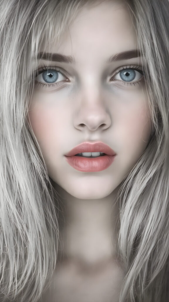 a black and white with detailed grayscales (fine charcoal drawing ((a centered portrait, full head, from a gentle young girl with flawless skin, long soft hair falls over her upper body, shiny beautiful blue eyes, small nose, (full plump red lips, only her lips are in colors), mouth slightly open with shining white teeth, round face, she looks seductively at the viewer, faint light falls on her face, perfect shadows, she has a perfectly shaped upper body)))