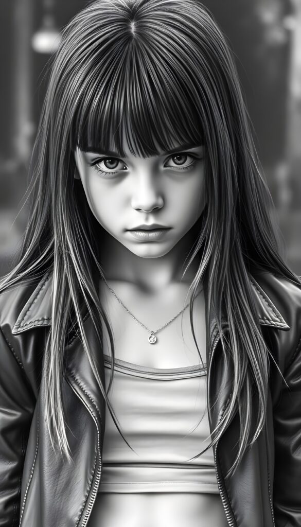 a black and white realistic hand drawing from a young girl, long straight hair, full lips, dark round eyes, She is wearing an open leather jacket with a short, tight tank top underneath, round belly button, she looks very angry