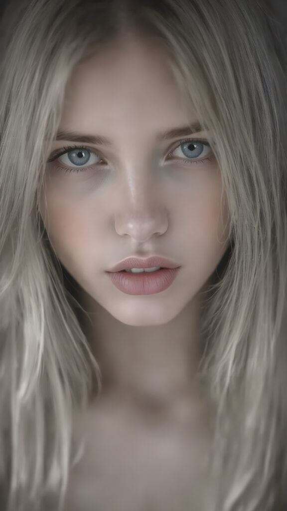 a black and white with detailed grayscales (fine charcoal drawing ((a centered portrait, full head, from a gentle young girl with flawless skin, long soft hair falls over her upper body, shiny beautiful blue eyes, small nose, (full plump red lips, only her lips are in colors), mouth slightly open with shining white teeth, round face, she looks seductively at the viewer, faint light falls on her face, perfect shadows, she has a perfectly shaped upper body)))