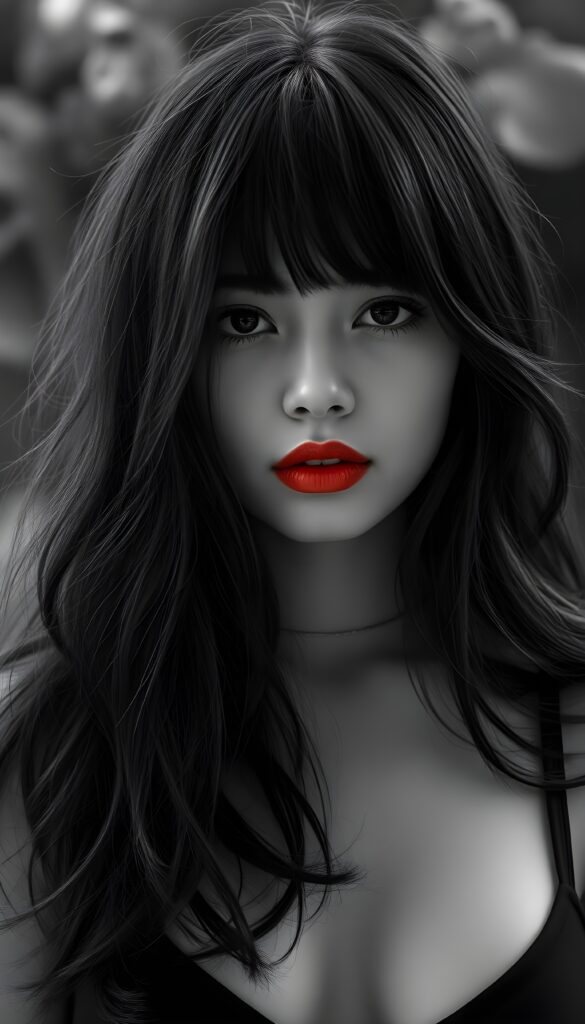 ((a black and white photo)) from a beautiful, pretty young girl; her full, silky black slightly wavy hair falls down like a waterfall and covers her upper body; dark eyes, only her full red lips are colored; the photo is very detailed. View from the front. She wears a black cropped spaghetti tank top, deep neck.