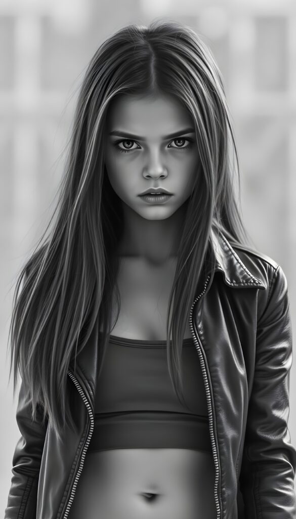 a black and white realistic hand drawing from a young girl, long straight hair, full lips, dark round eyes, She is wearing an open leather jacket with a short, tight tank top underneath, round belly button, she looks very angry